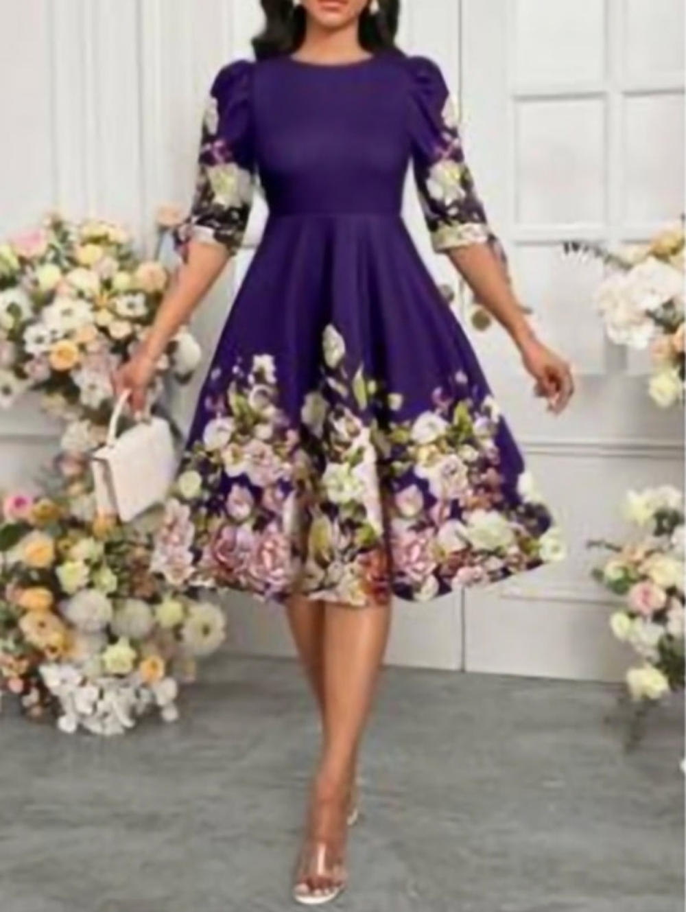 Womens Tea Length Purple Floral Long Sleeve A-Line Dress
